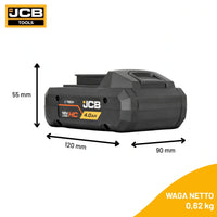 schemat wymiarów akumulatora JCB 18V HC 4.0Ah: 120×90×55 mm waga netto 0,62 kg