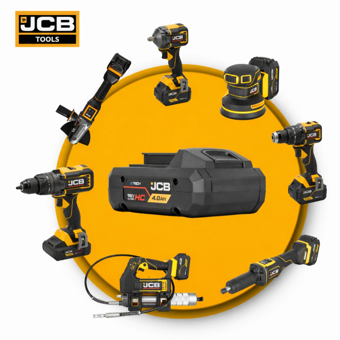 JCB E-Tech 18V HC 4.0Ah z kompatybilnymi elektronarzędziami akumulatorowymi 18V w otoczeniu wiertarki szlifierki klucza udarowego i smarownicy