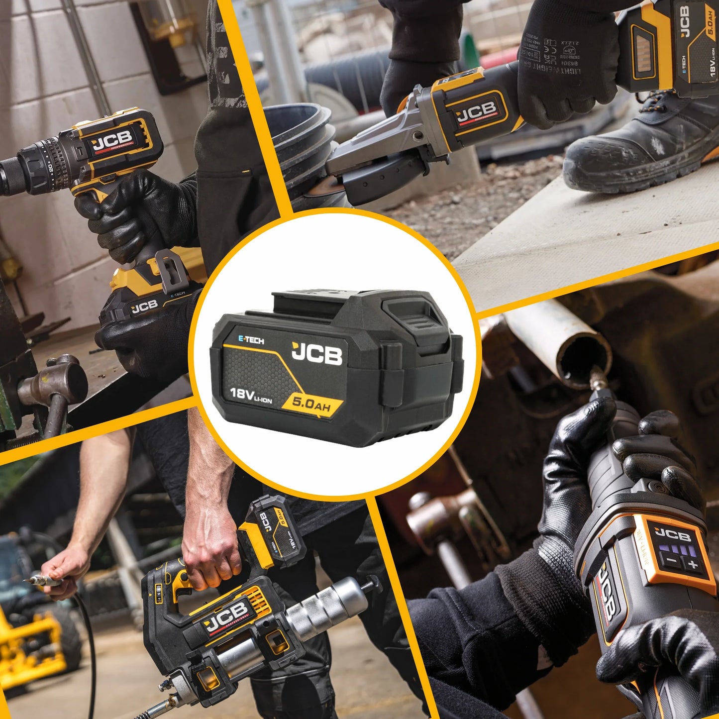 akumulator li-ion JCB 18V 5.0Ah w centrum kolaż elektronarzędzi JCB w pracy wiertarka szlifierka klucz udarowy i smarownica