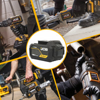 akumulator li-ion JCB 18V 5.0Ah w centrum kolaż elektronarzędzi JCB w pracy wiertarka szlifierka klucz udarowy i smarownica