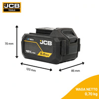 schemat wymiarów akumulatora JCB 18V 5.0Ah: 120×85×70 mm waga netto 0,70 kg