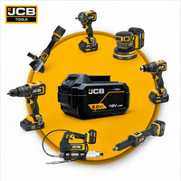 JCB E-Tech 18V 5.0Ah z kompatybilnymi elektronarzędziami akumulatorowymi 18V w otoczeniu wiertarki szlifierki klucza udarowego i smarownicy