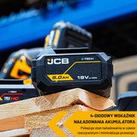 akumulator li-ion JCB E-Tech 18V 5.0Ah na desce z akumulatorem HC w tle i tekstem 4-diodowy wskaźnik naładowania
