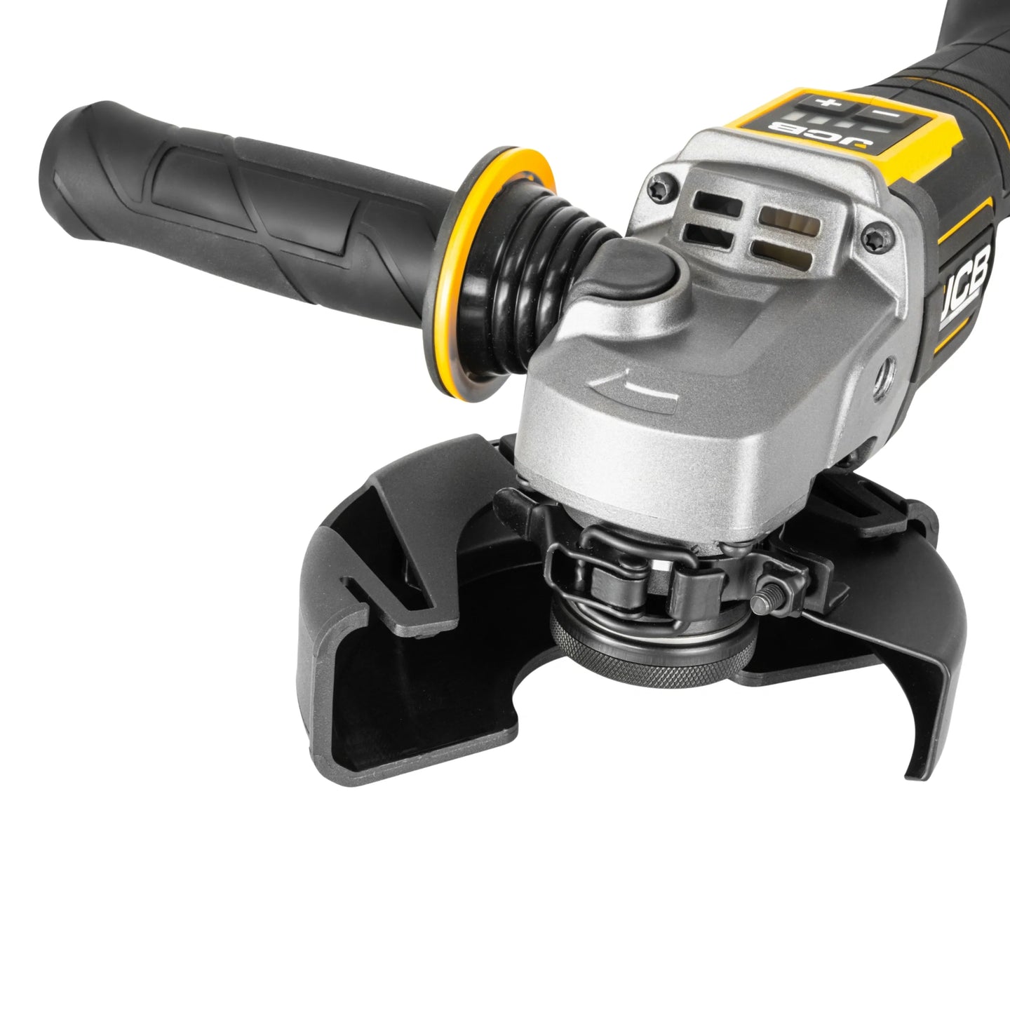 zbliżenie na głowicę szlifierki kątowej JCB Professional 18V z uchwytem bocznym osłoną i klamrą mocowania tarczy