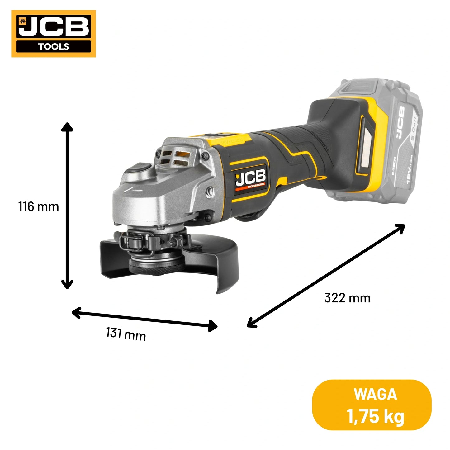 schemat wymiarów szlifierki kątowej JCB Professional 18V: 116×131×322 mm waga 1,75 kg