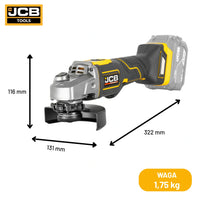 schemat wymiarów szlifierki kątowej JCB Professional 18V: 116×131×322 mm waga 1,75 kg