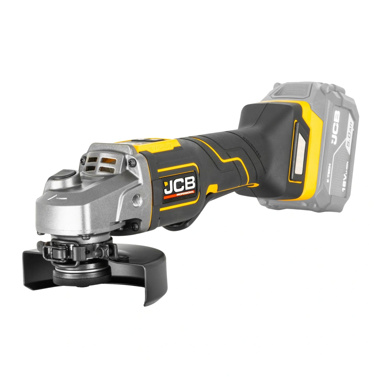 szlifierka kątowa akumulatorowa JCB Professional 18V żółto-czarna korpus bez akumulatora ujęcie z prawej strony