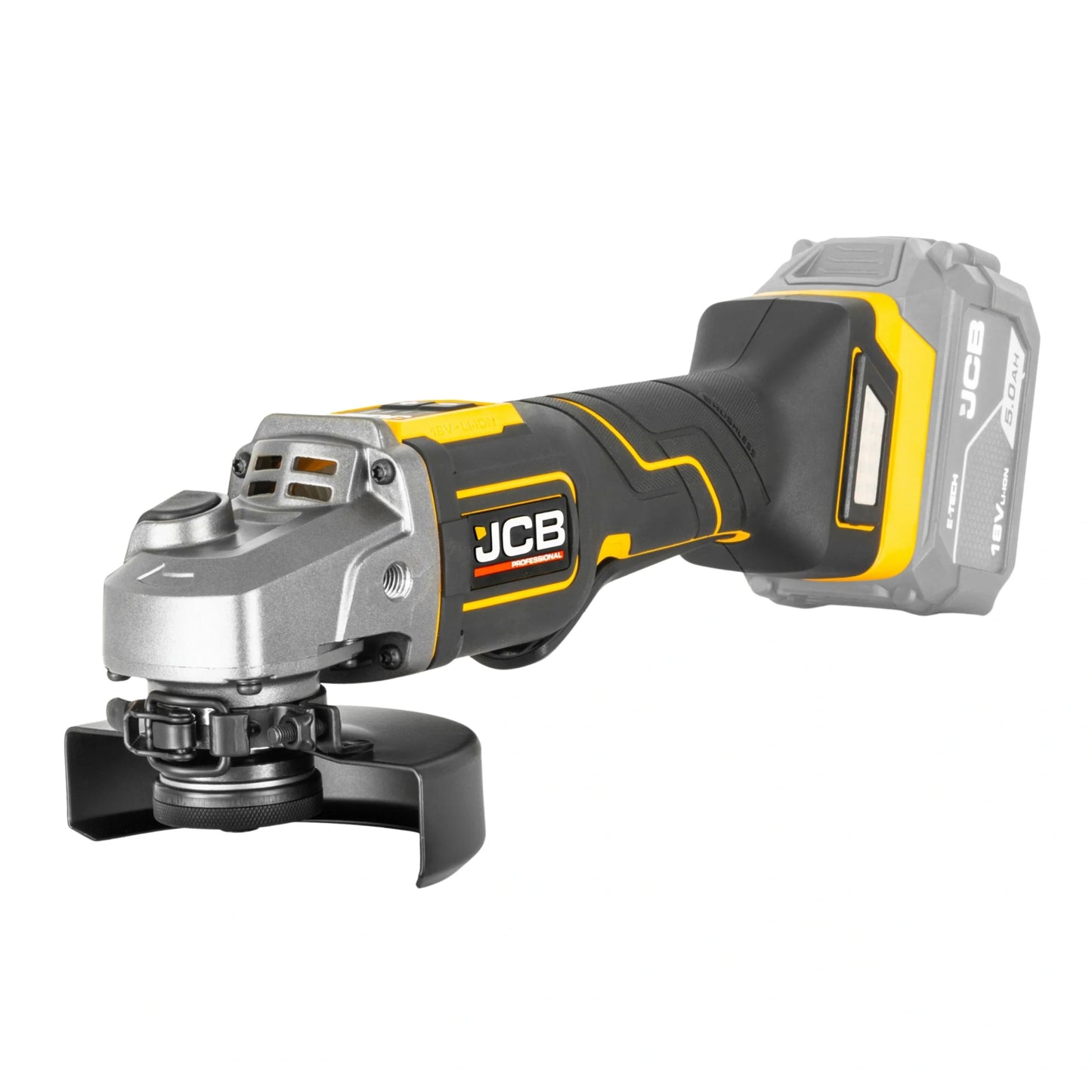 szlifierka kątowa akumulatorowa JCB Professional 18V żółto-czarna korpus bez akumulatora ujęcie z prawej strony