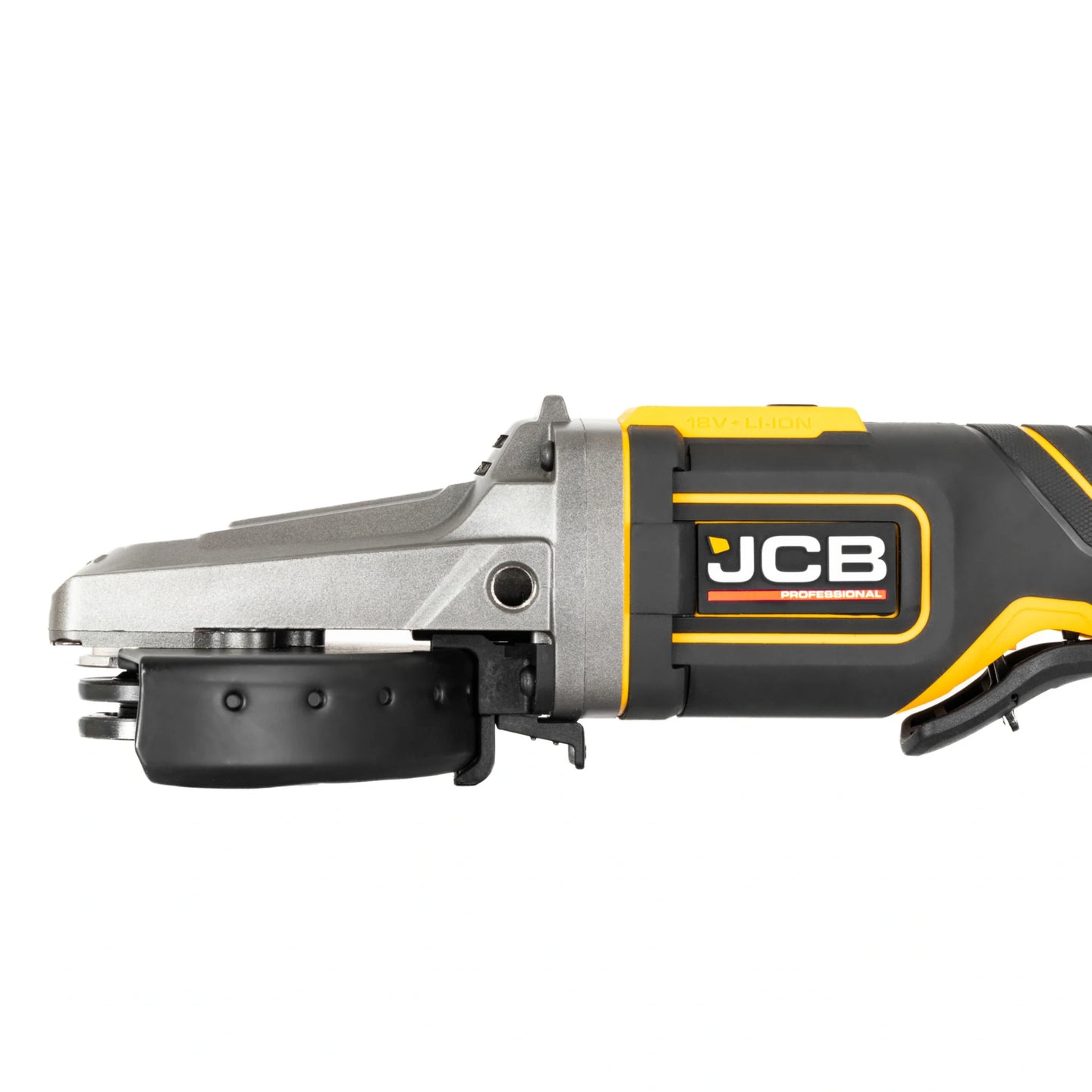 zbliżenie na płaską głowicę szlifierki kątowej JCB Professional 18V z systemem mocowania tarczy szaro-żółta