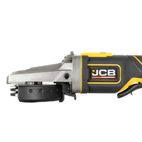 zbliżenie na płaską głowicę szlifierki kątowej JCB Professional 18V z systemem mocowania tarczy szaro-żółta
