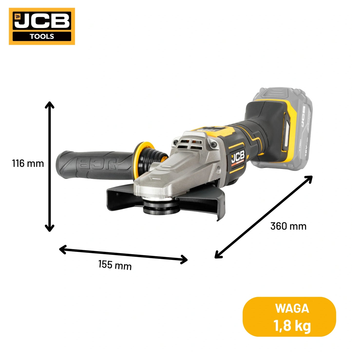 schemat wymiarów szlifierki kątowej z płaską głowicą JCB Professional 18V: 116×155×360 mm waga 1,8 kg