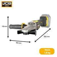 schemat wymiarów szlifierki kątowej z płaską głowicą JCB Professional 18V: 116×155×360 mm waga 1,8 kg