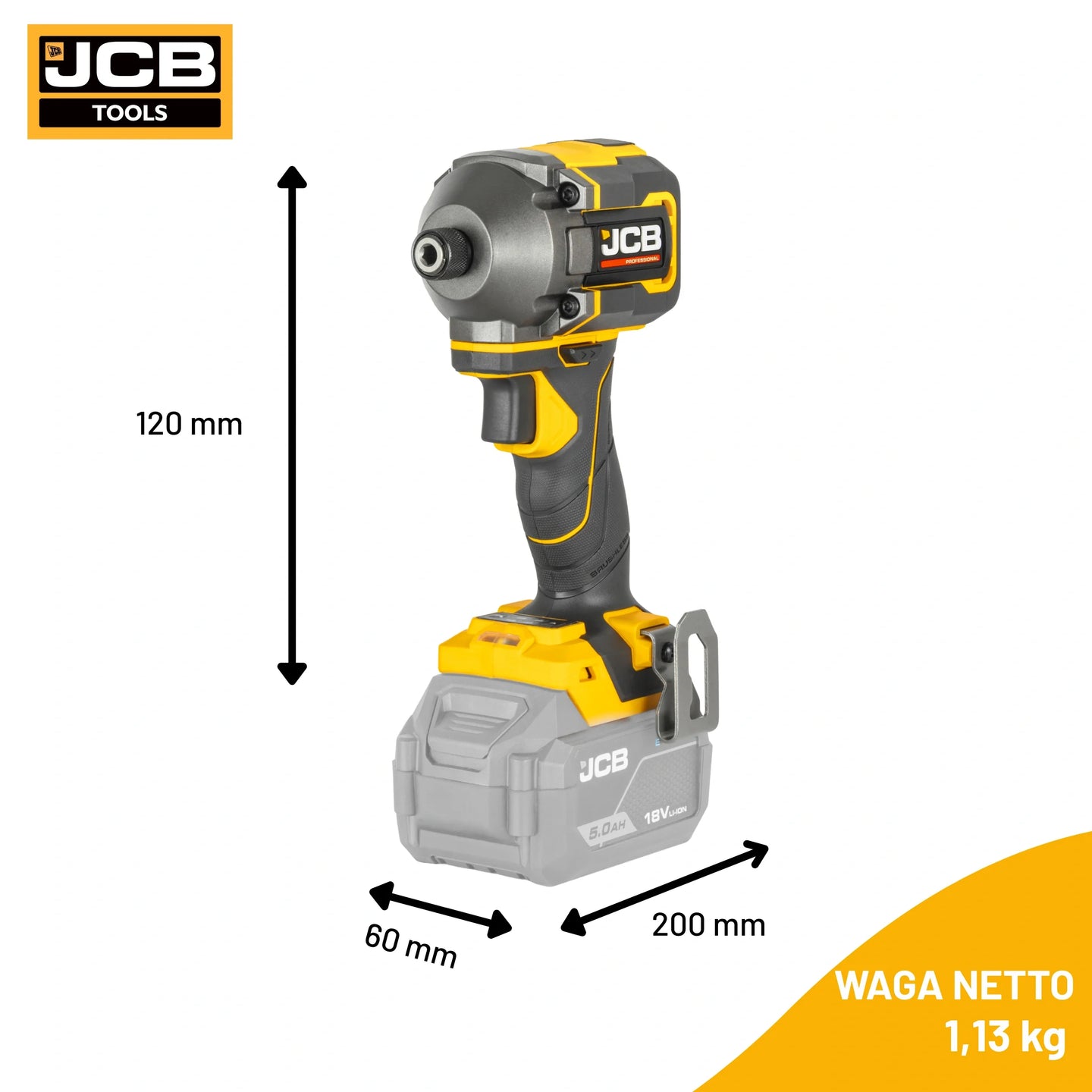 schemat wymiarów zakrętarki udarowej JCB Professional 18V: 200×60×120 mm waga netto 1,13 kg