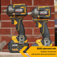 dwa klucze udarowe JCB Professional 18V żółto-czarne na tle ceglanej ściany z tekstem 3500 uderzeń/min