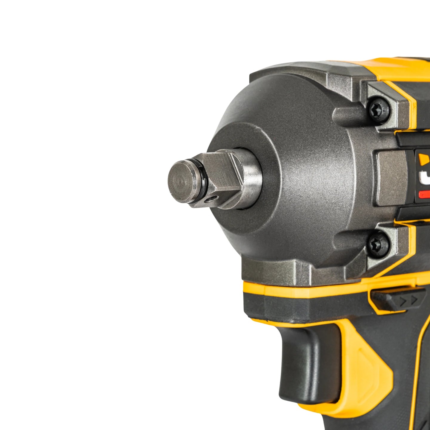 zbliżenie na kwadratowy uchwyt 1/2 klucza udarowego JCB Professional szara metalowa głowica żółto-czarna obudowa