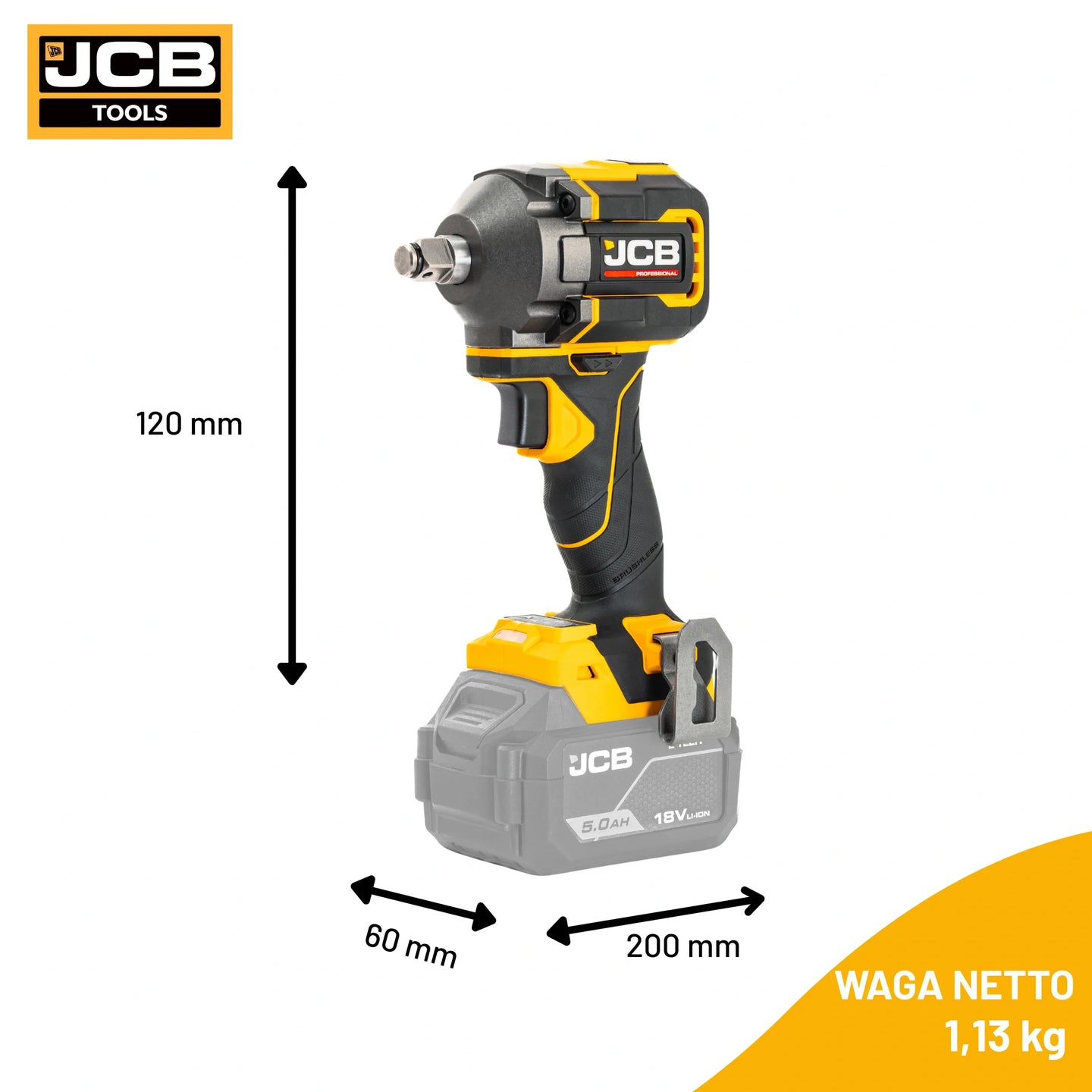 schemat wymiarów klucza udarowego JCB Professional 18V 350Nm: 200×60×120 mm waga netto 1,13 kg