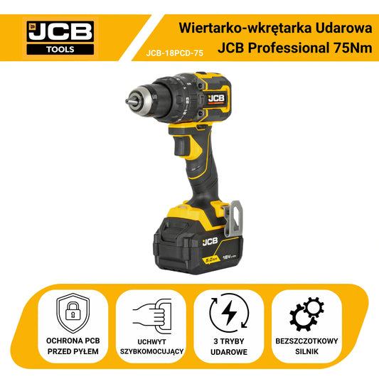JCB Professional 18V zestaw: wiertarko-wkrętarka udarowa 75Nm, zakrętarka 230Nm, 2x 5.0Ah, ładowarka