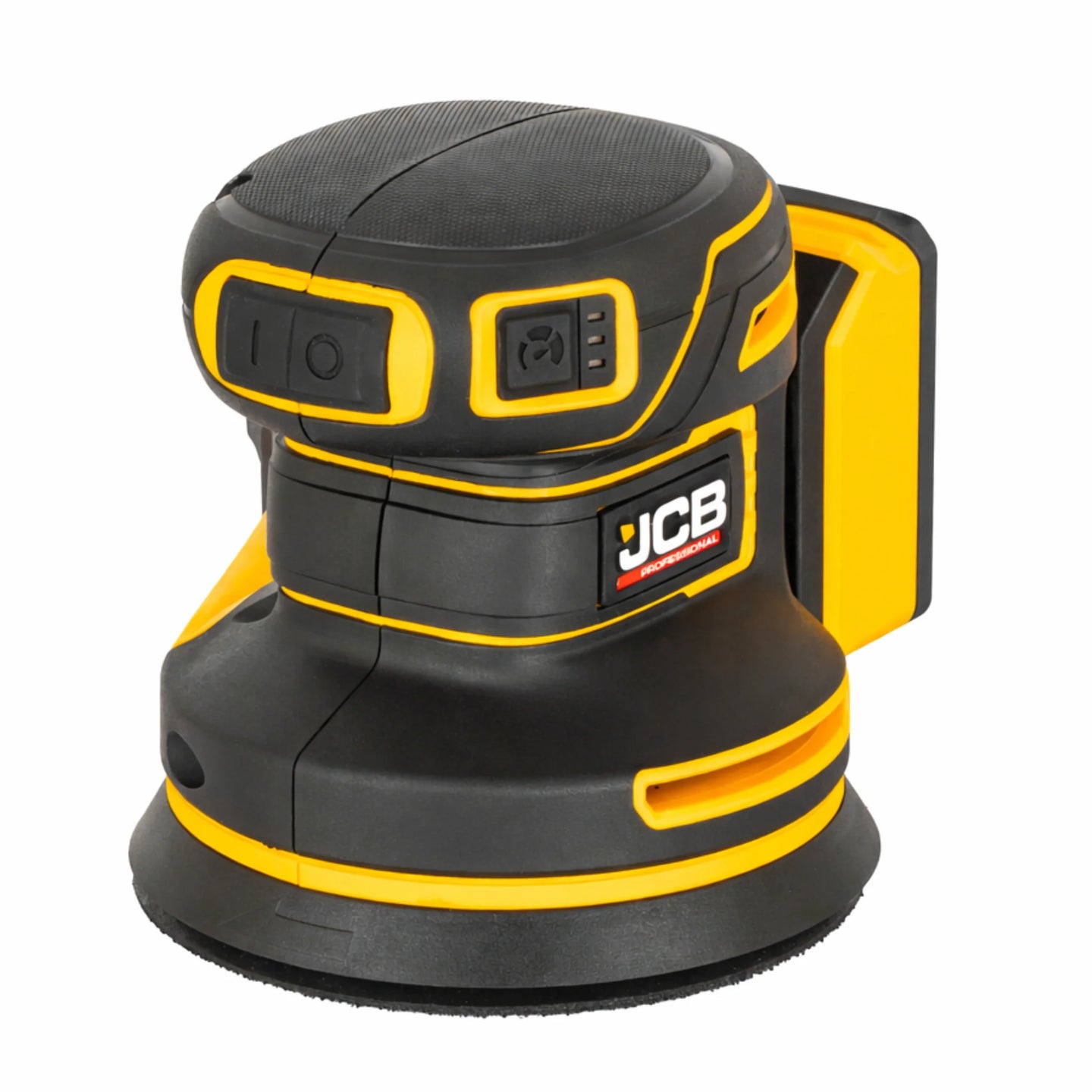 szlifierka mimośrodowa akumulatorowa JCB Professional 18V żółto-czarna ujęcie z prawej strony