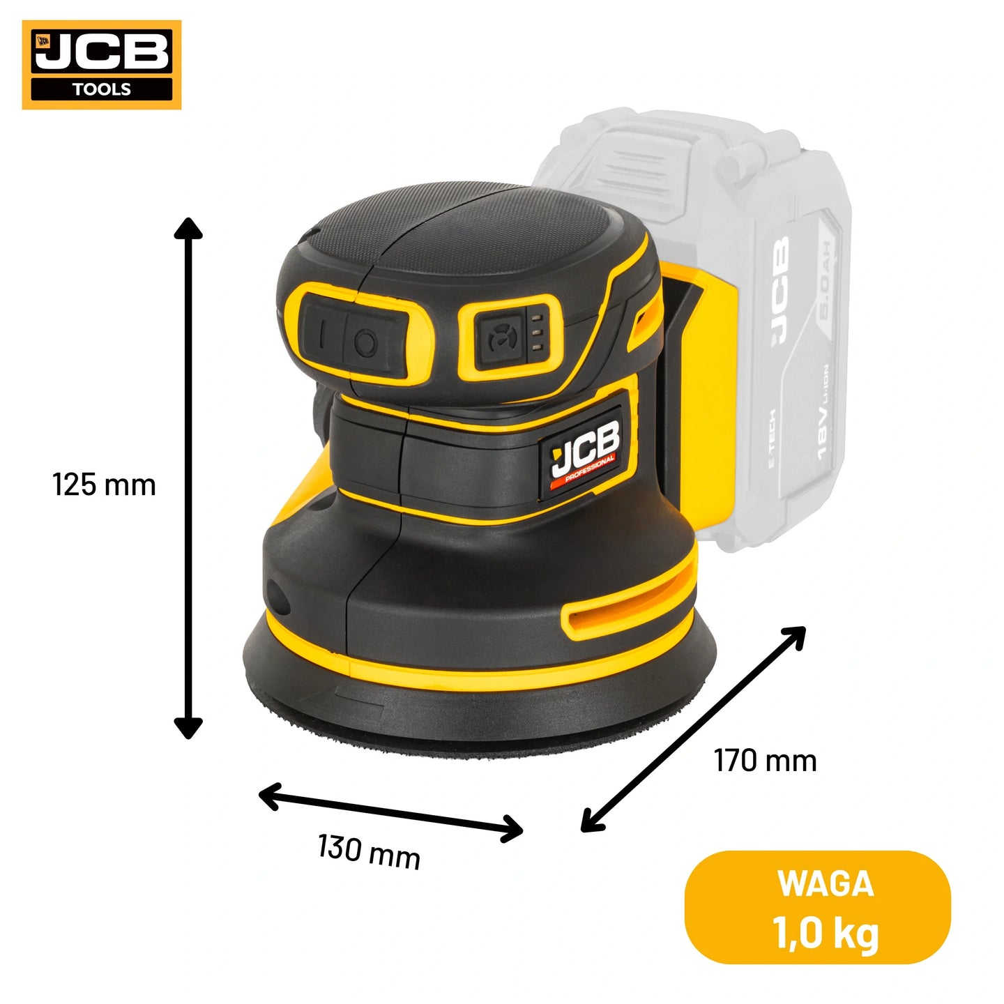 schemat wymiarów szlifierki mimośrodowej JCB Professional 18V: 125×130×170 mm waga 1,0 kg