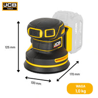 schemat wymiarów szlifierki mimośrodowej JCB Professional 18V: 125×130×170 mm waga 1,0 kg