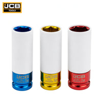 Trzy nasadki udarowe JCB do alufelg z otulinami: niebieska 17mm, złota 19mm, czerwona 21mm, widok z przodu