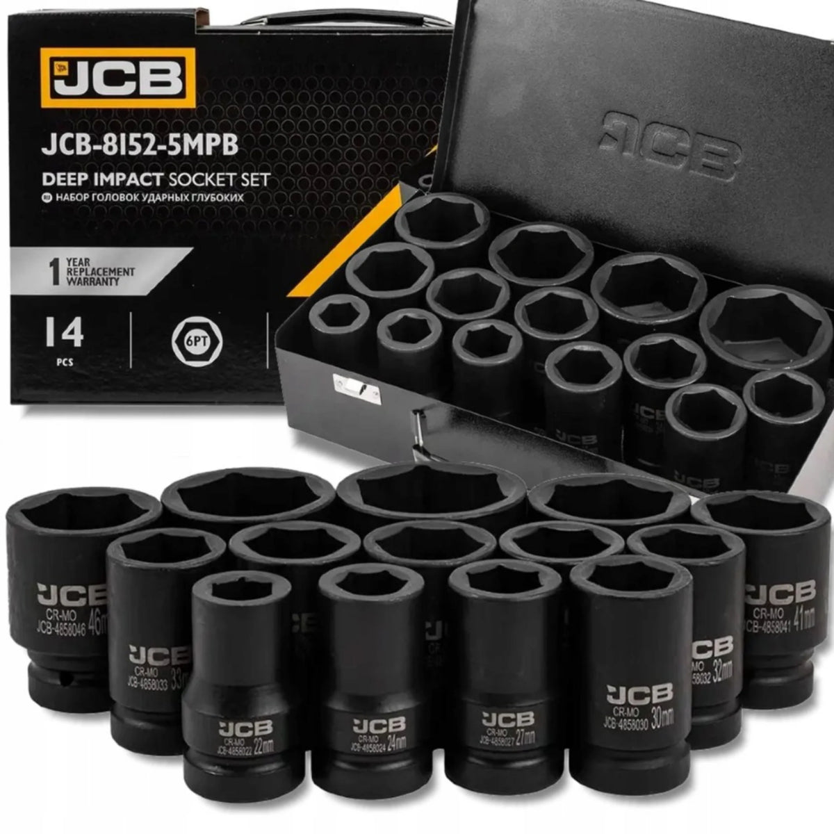 Zestaw nasadek udarowych głębokich JCB-8152-5MPB Deep Impact Socket Set 14szt z etykietą napęd 1" rozłożony przy walizce