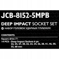 Etykieta zestawu nasadek udarowych JCB-8152-5MPB Deep Impact Socket Set z listą rozmiarów 22-60mm napęd 1"