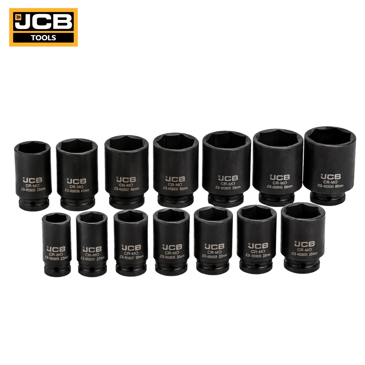 14 nasadek udarowych głębokich JCB 1" 22-60mm rozłożonych z logo JCB Tools