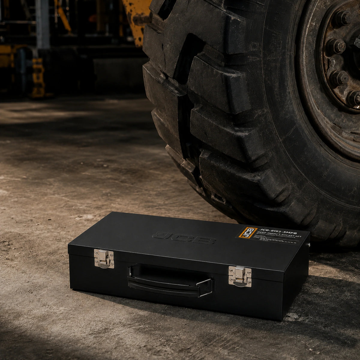 Zamknięta metalowa walizka zestawu nasadek udarowych JCB-8152-5MPB przy oponie ciągnika, ujęcie plenerowe