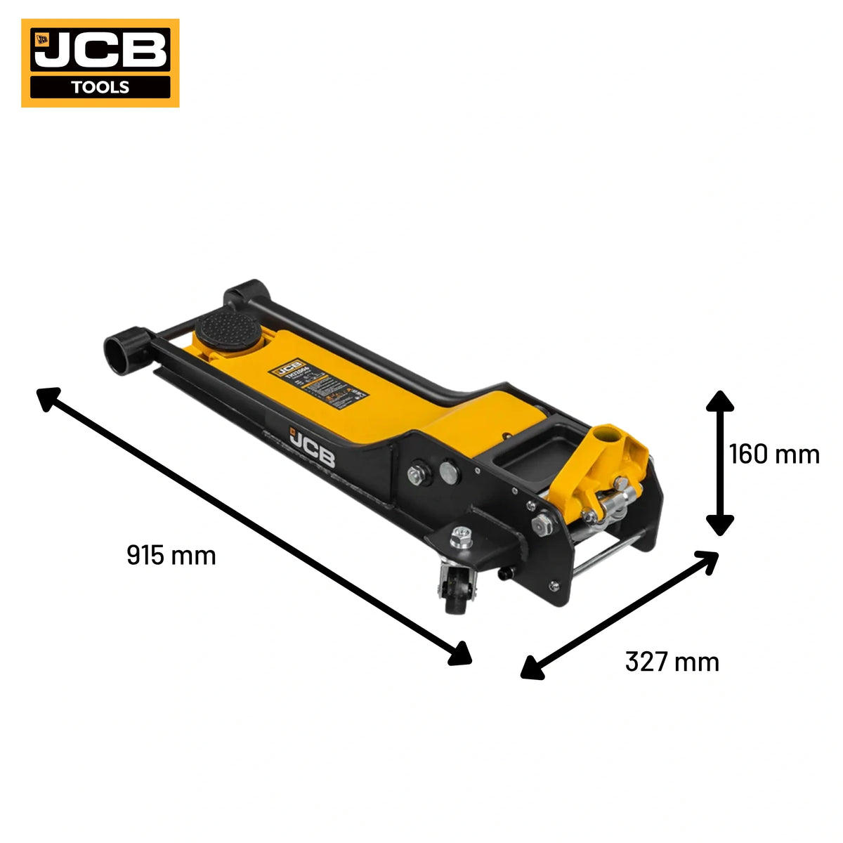 Schemat wymiarów podnośnika hydraulicznego JCB-TH32006: długość 915mm, szerokość 327mm, wysokość 160mm
