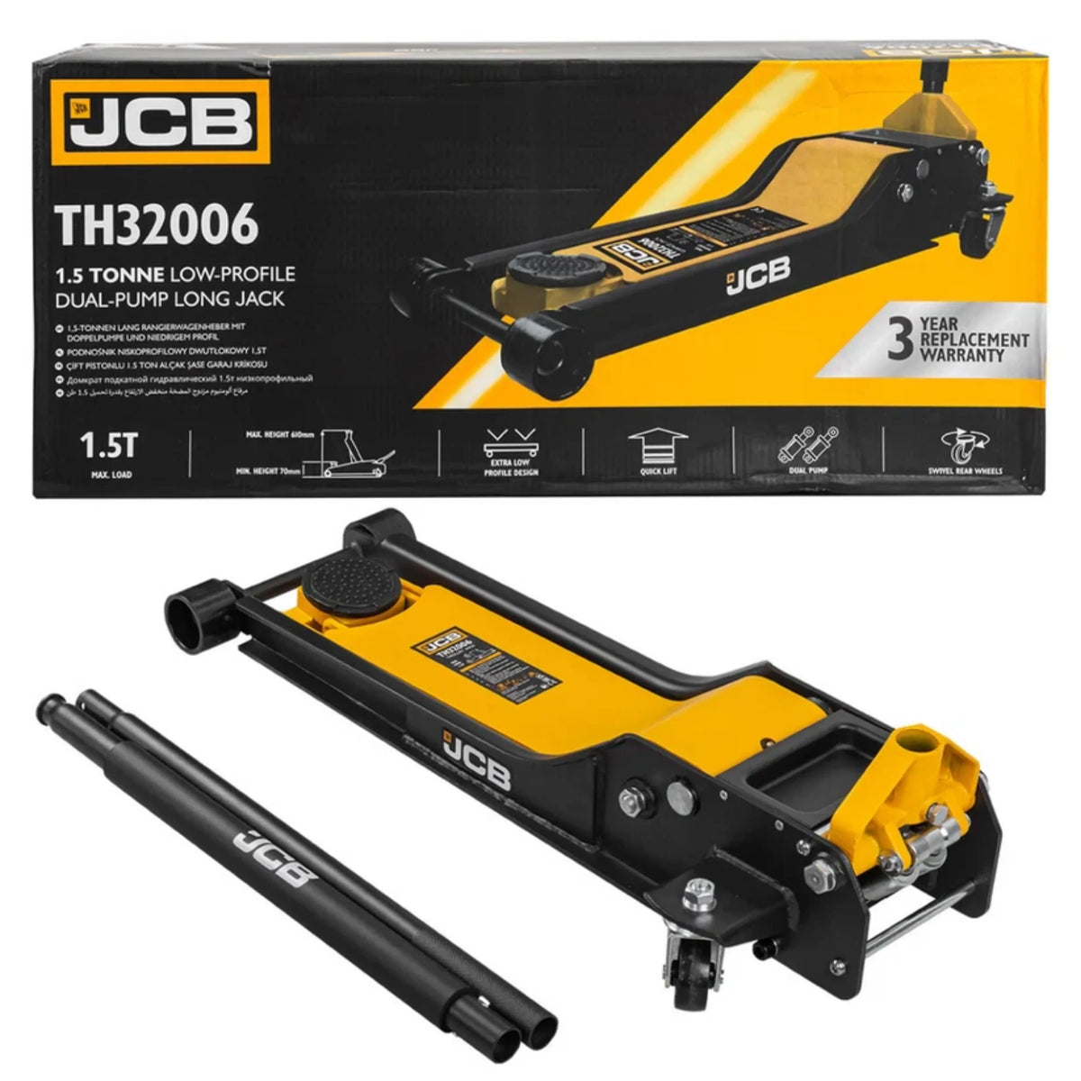 Podnośnik hydrauliczny JCB TH32006 1,5t Low Profile Dual Pump przy pudełku JCB z ilustracją produktu
