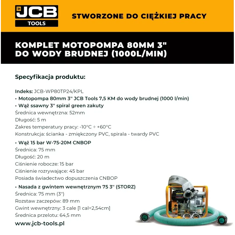 Pompa szlamowa spalinowa JCB WP80TP24KPL 15 Bar – pompa do brudnej wody z pływakiem