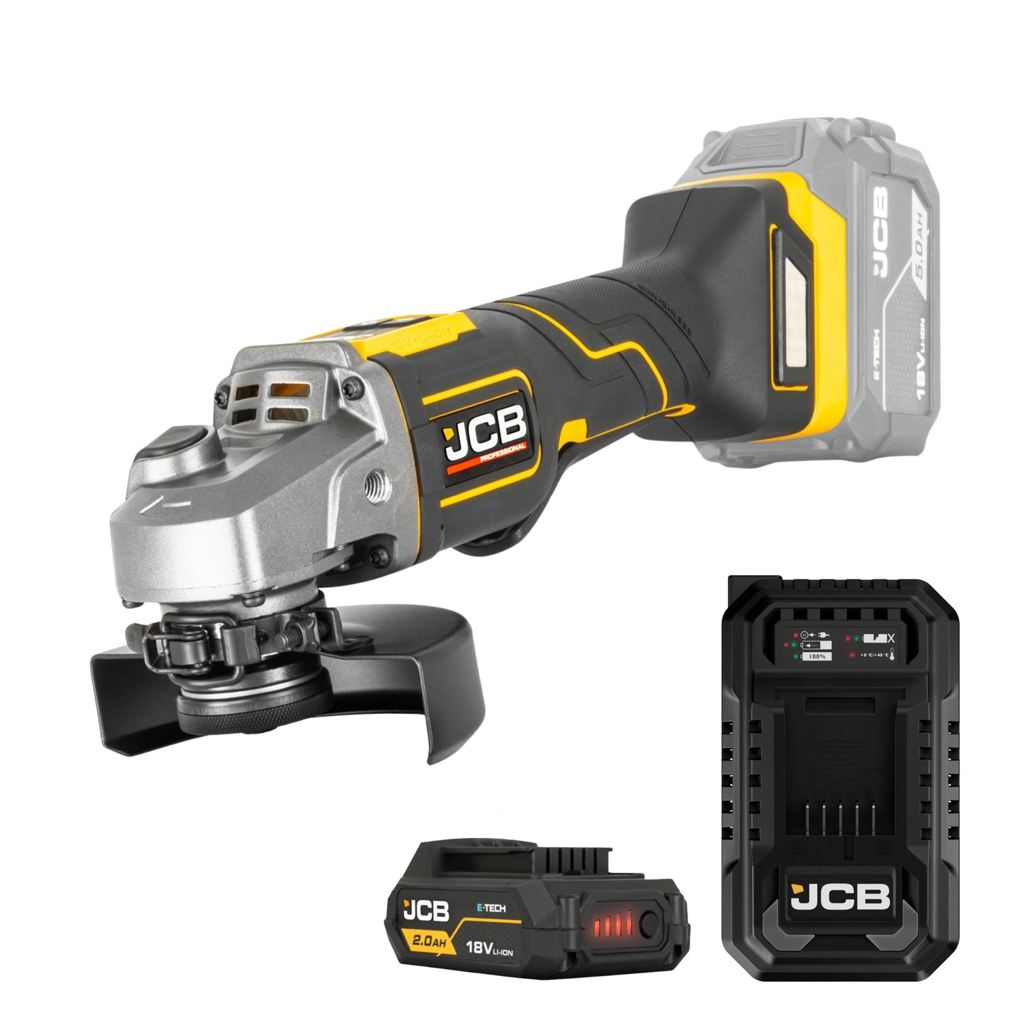 szlifierka kątowa akumulatorowa JCB Professional 18V żółto-czarna z akumulatorem E-Tech 2.0Ah i ładowarką ujęcie z lewej strony
