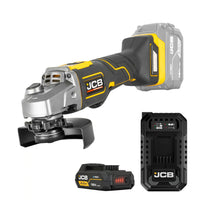 szlifierka kątowa akumulatorowa JCB Professional 18V żółto-czarna z akumulatorem E-Tech 2.0Ah i ładowarką ujęcie z lewej strony
