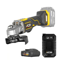 szlifierka kątowa akumulatorowa JCB Professional 18V żółto-czarna z akumulatorem E-Tech HC 4.0Ah i ładowarką ujęcie z lewej strony