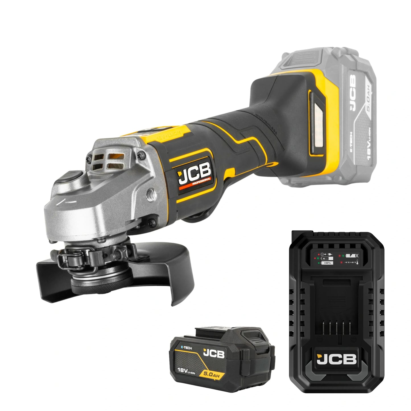 szlifierka kątowa akumulatorowa JCB Professional 18V żółto-czarna z akumulatorem E-Tech 5.0Ah i ładowarką ujęcie z lewej strony