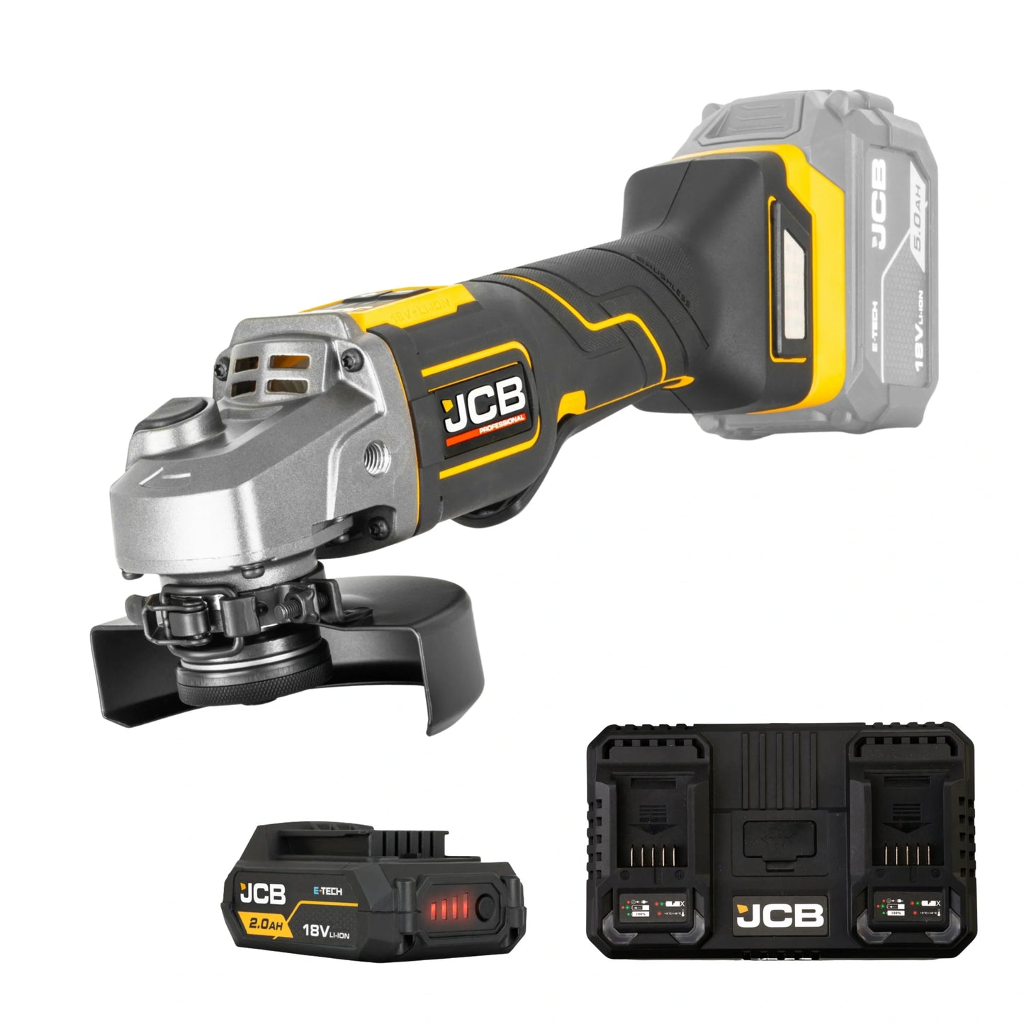 szlifierka kątowa akumulatorowa JCB Professional 18V żółto-czarna z akumulatorem E-Tech 2.0Ah i podwójną ładowarką ujęcie z lewej strony