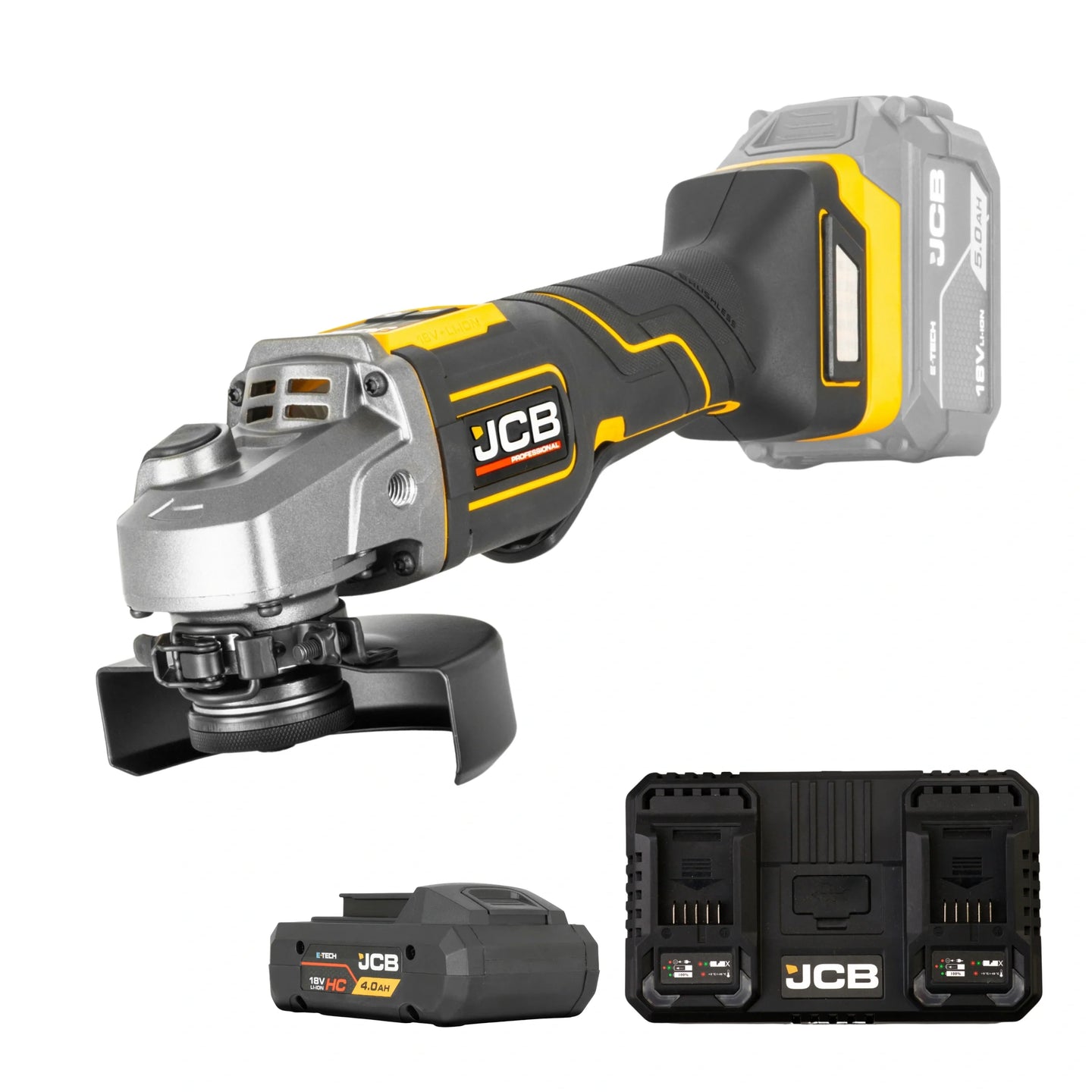 szlifierka kątowa akumulatorowa JCB Professional 18V żółto-czarna z akumulatorem E-Tech 5.0Ah i podwójną ładowarką ujęcie z lewej strony