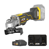 szlifierka kątowa akumulatorowa JCB Professional 18V żółto-czarna z akumulatorem E-Tech 5.0Ah i podwójną ładowarką ujęcie z lewej strony