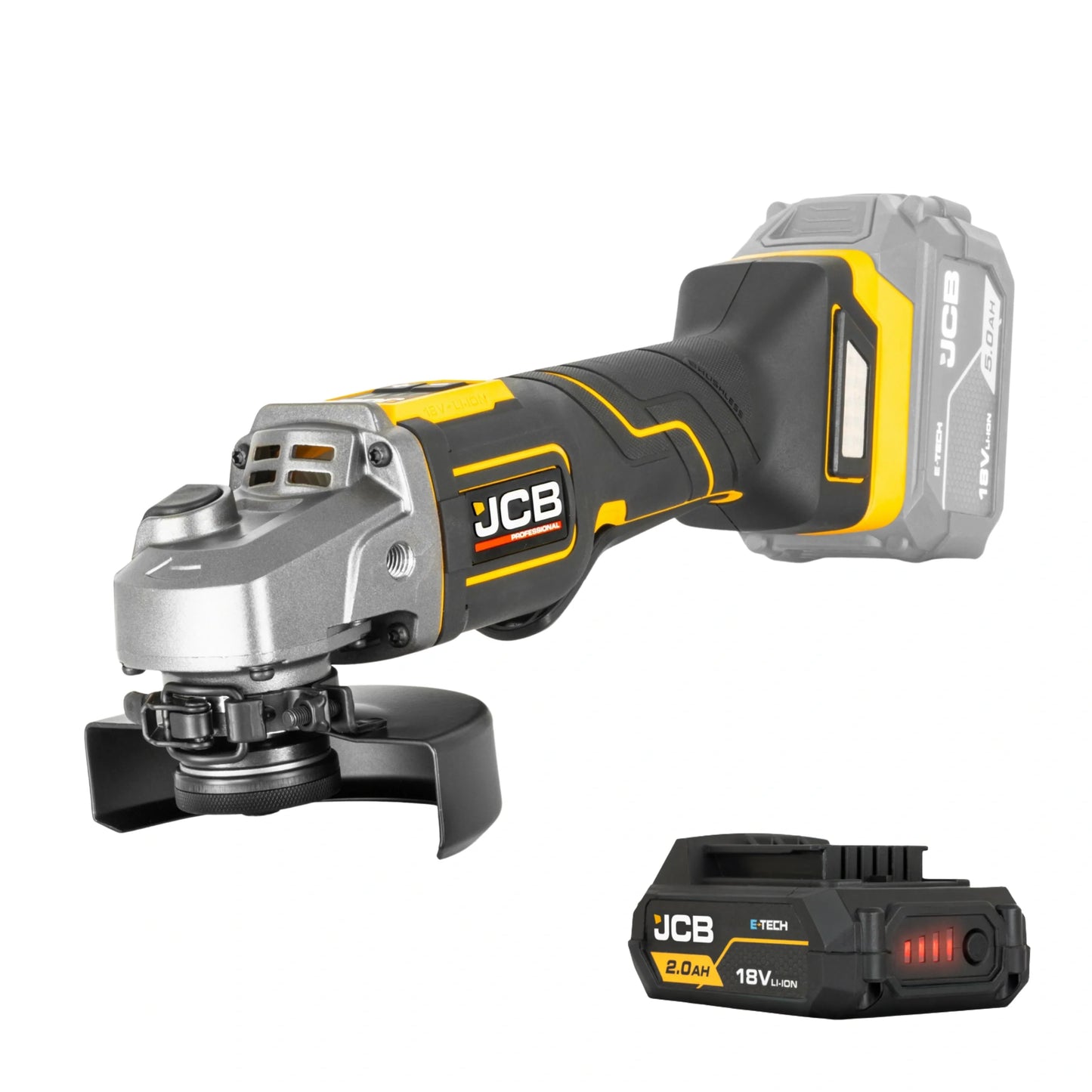 szlifierka kątowa akumulatorowa JCB Professional 18V żółto-czarna z akumulatorem E-Tech 2.0Ah ujęcie z lewej strony