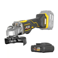szlifierka kątowa akumulatorowa JCB Professional 18V żółto-czarna z akumulatorem E-Tech HC 4.0Ah ujęcie z lewej strony