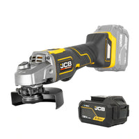 szlifierka kątowa akumulatorowa JCB Professional 18V żółto-czarna z akumulatorem E-Tech 5.0Ah ujęcie z lewej strony