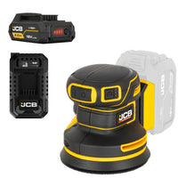 szlifierka mimośrodowa akumulatorowa JCB Professional 18V żółto-czarna z akumulatorem E-Tech 2.0Ah i ładowarką ujęcie z prawej strony