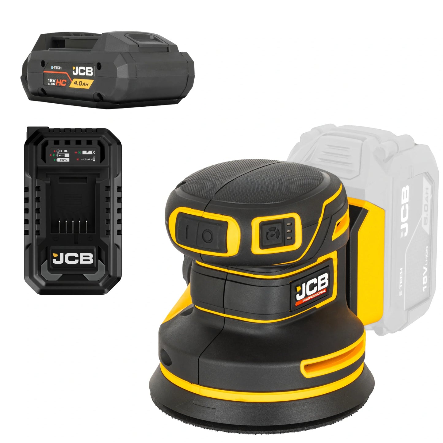 szlifierka mimośrodowa akumulatorowa JCB Professional 18V żółto-czarna z akumulatorem E-Tech HC 4.0Ah i ładowarką ujęcie z prawej strony