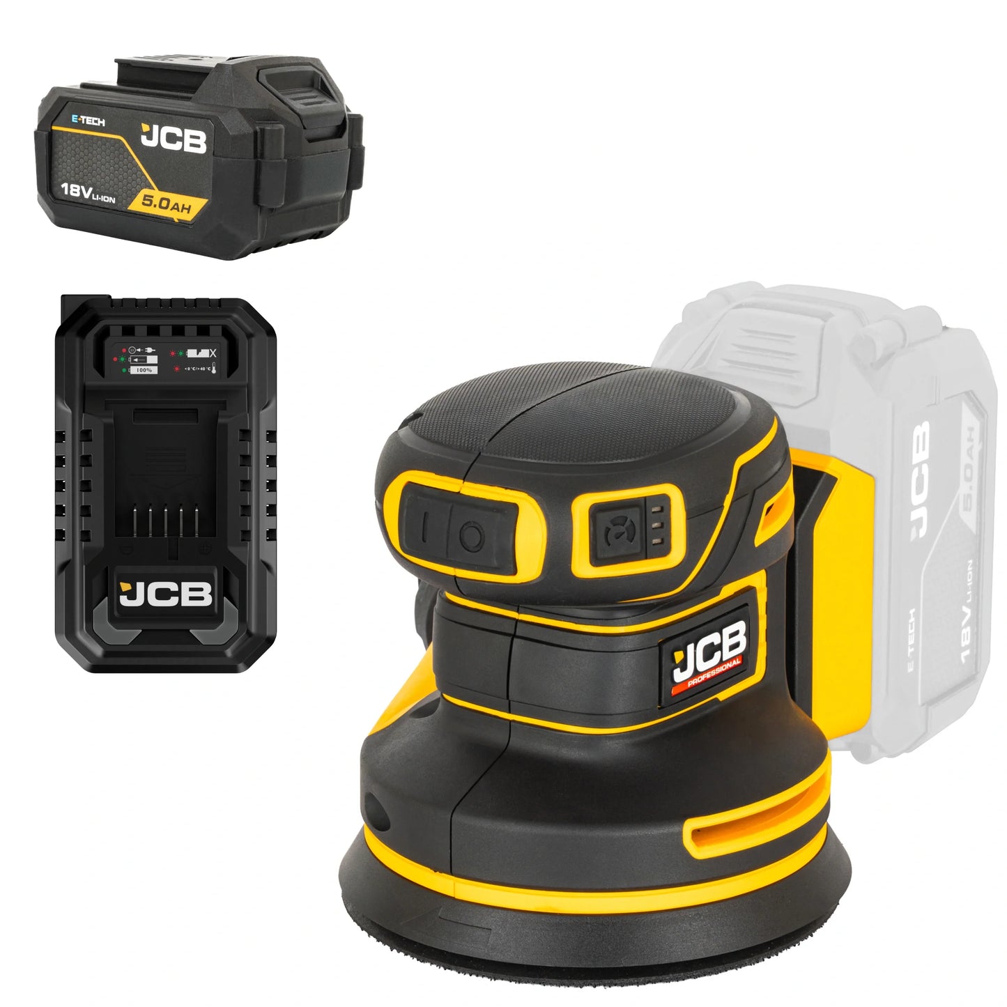 szlifierka mimośrodowa akumulatorowa JCB Professional 18V żółto-czarna z akumulatorem E-Tech 5.0Ah i ładowarką ujęcie z prawej strony