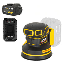 szlifierka mimośrodowa akumulatorowa JCB Professional 18V żółto-czarna z akumulatorem E-Tech 5.0Ah i ładowarką ujęcie z prawej strony