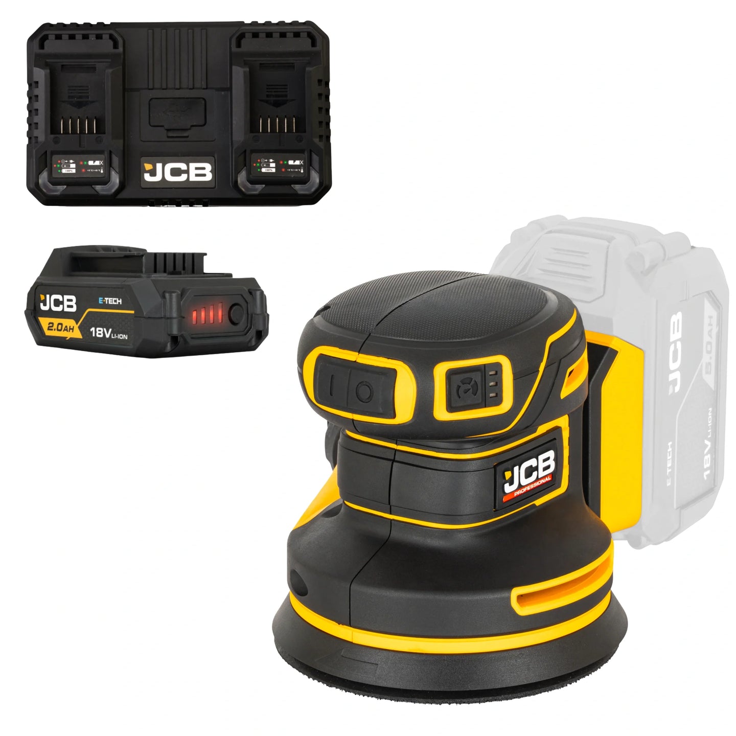szlifierka mimośrodowa akumulatorowa JCB Professional 18V żółto-czarna z akumulatorem E-Tech 2.0Ah i podwójną ładowarką ujęcie z prawej strony