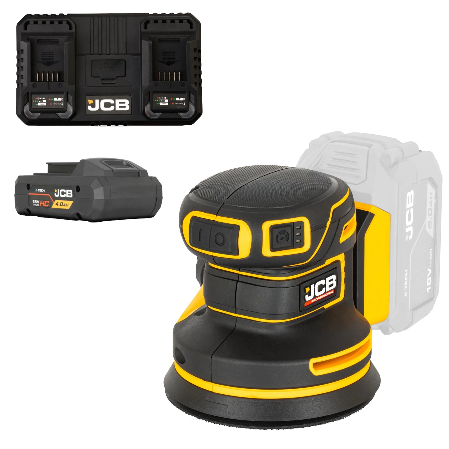 szlifierka mimośrodowa akumulatorowa JCB Professional 18V żółto-czarna z akumulatorem E-Tech HC 4.0Ah i podwójną ładowarką ujęcie z prawej strony