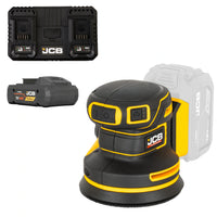 szlifierka mimośrodowa akumulatorowa JCB Professional 18V żółto-czarna z akumulatorem E-Tech HC 4.0Ah i podwójną ładowarką ujęcie z prawej strony