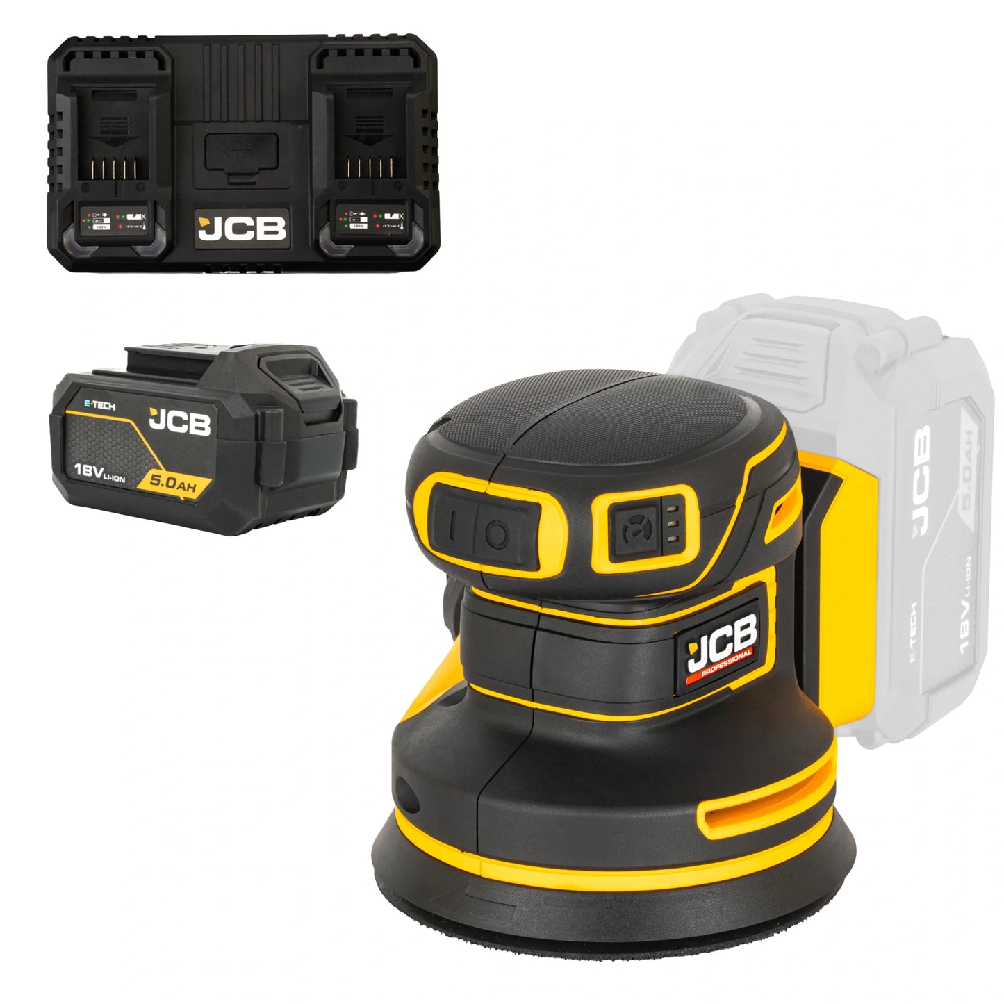 szlifierka mimośrodowa akumulatorowa JCB Professional 18V żółto-czarna z akumulatorem E-Tech 5.0Ah i podwójną ładowarką ujęcie z prawej strony